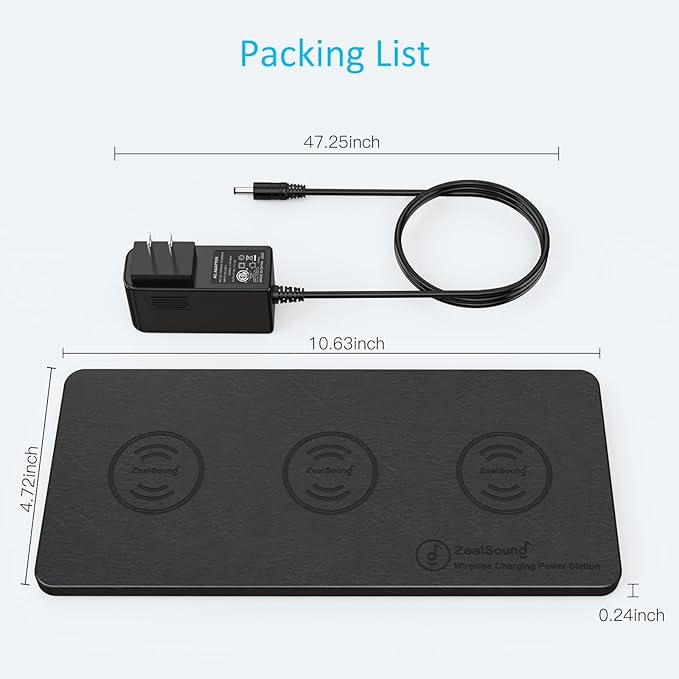 Wireless Charging Pad ZealSound Ultra-Slim Triple Charger Station for Multiple 3 Devices &amp New Airpods Ultra Slim PU Leather Wireless Charging Mat W/AC Adapter for Smartphone Phone (Black)