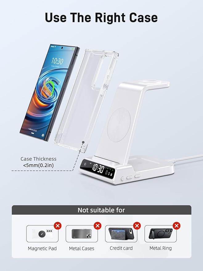 Wireless Charger Samsung Charging Station: 3 in 1 Android Charging Stand with Dimmable Clock - Nightstand Organizer for Galaxy S25 Ultra S24 Galaxy Watch 8 7 6 5 4 Galaxy Buds Space-Saving Charger