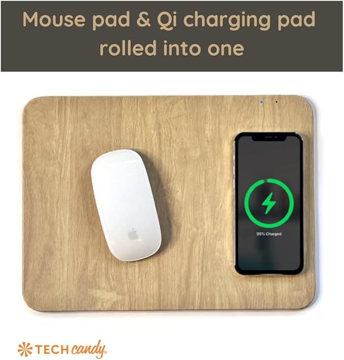 Tech Candy Power Pad Qi Charger Mouse Pad - Charges Wireless Phone Natural Wood Look Slim Built-in LED Light Slim Great for Travel USB Cable Included Vegan Leather Simple to Use