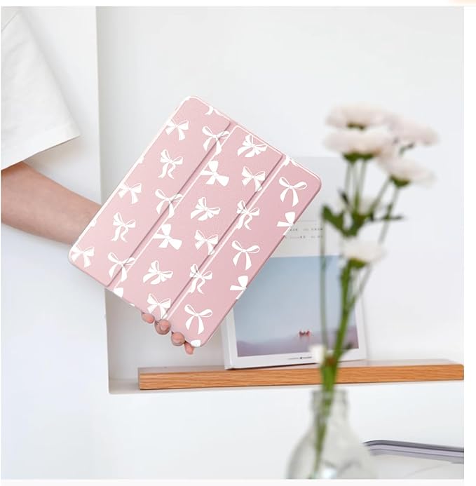 Cute Kawaii White Bow for iPad Air 11 Inch Case 7th/6th Generation (M3/M2) 2025/2024 with Pencil Holder Auto Sleep/Wake Pink Leather Clear Acrylic Back Cover