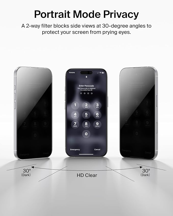 Belkin ScreenForce InvisiGlass Privacy Screen Protector for iPhone 17/16 Pro Scratch-Resistant Impact Protection w/Included Easy Align Tray for Bubble Free Application - Made with Recycled Glass