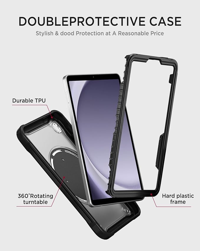 Miimall Case for Galaxy Tab A11 8.7 Inch 2025 with Shoulder Strap Bulit-in 360 Rotating Stand Shockproof Rugged Kids Friendly Shell Pen Holder Cover for Samsung Galaxy A11 Tablet Black Clear