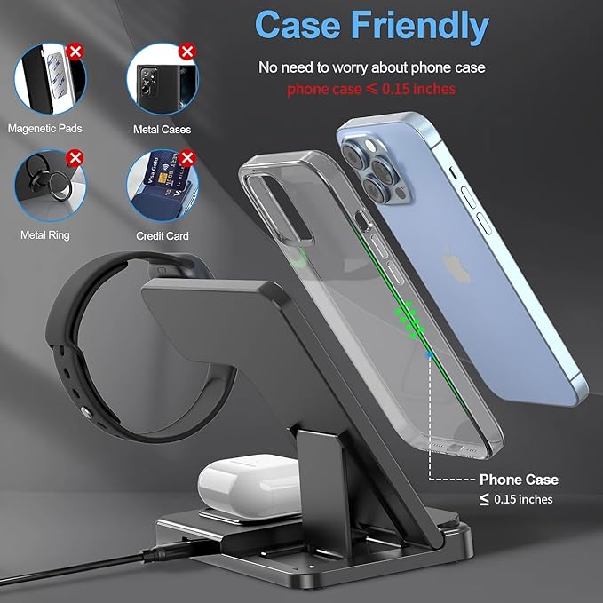 Wireless Charger 3 in 1 Fast Desk Charging Station for iPhone 16 15 14 13 12 Charging Stand Dock for Apple Watch &amp AirPods