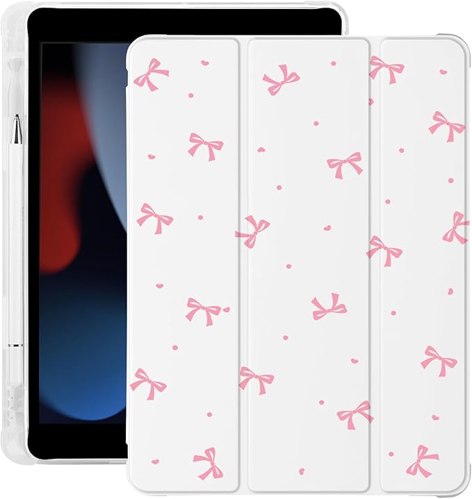 Cute Pink Bow Kawaii for iPad (A16) 11th Generation Case 11 Inch 2025 for iPad 10th Generation Case 10.9 Inch 2022 with Pencil Holder Auto Sleep/Wake White Leather Soft TPU Back Cover