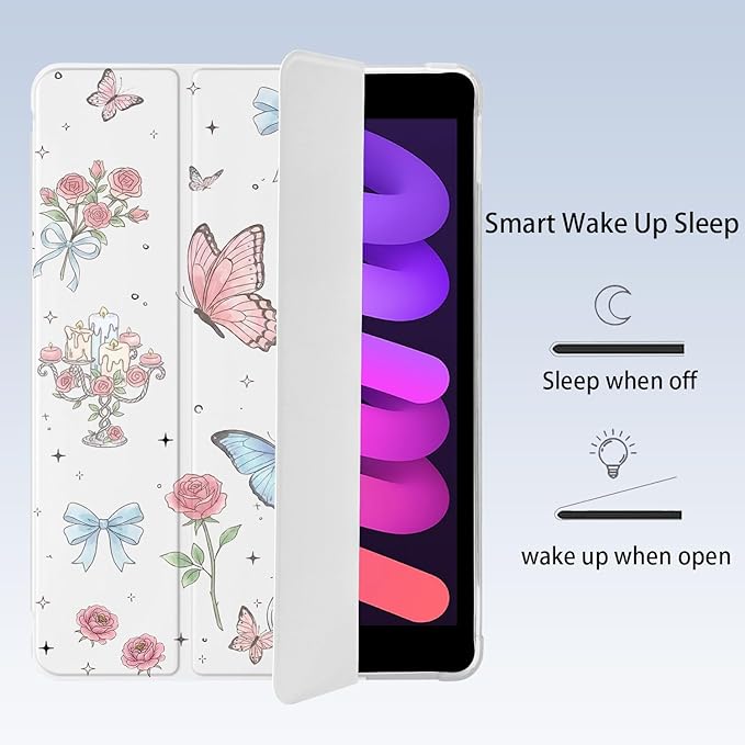 Cute Flower Butterfly for iPad Air 3 Case with Pencil Holder Auto Sleep/Wake White Leather Soft TPU Back Cover for iPad Pro 10.5 Inch 2017