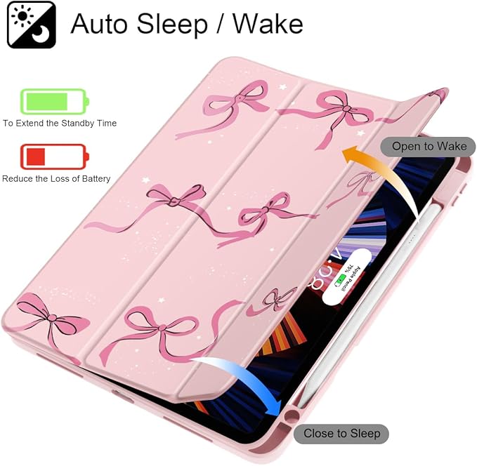 May Chen Case for iPad Pro 11-Inch M5/M4 2025/2024 (6th/5th Generation) Clear Transparent Print Back Shell Slim Stand Shockproof Tablet Cover Auto Wake/Sleep Pink Bows