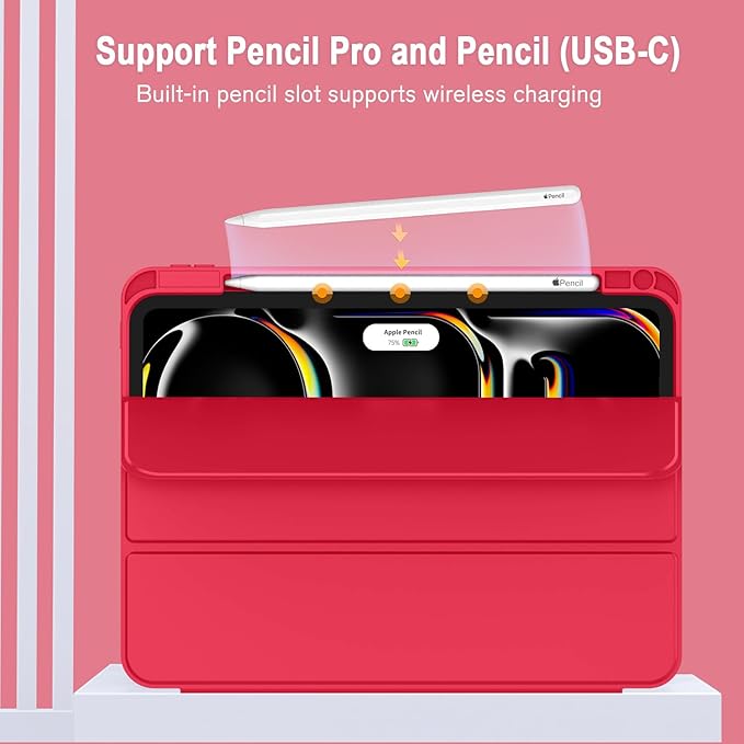 ZryXal iPad Pro 11 Inch Case (M5) 2025/ (M4) 2024 (Model: A2836/A2837/A3006) Trifold Stand Smart Cover with Pencil Holder and Soft TPU Back Auto Wake/Sleep (Red)