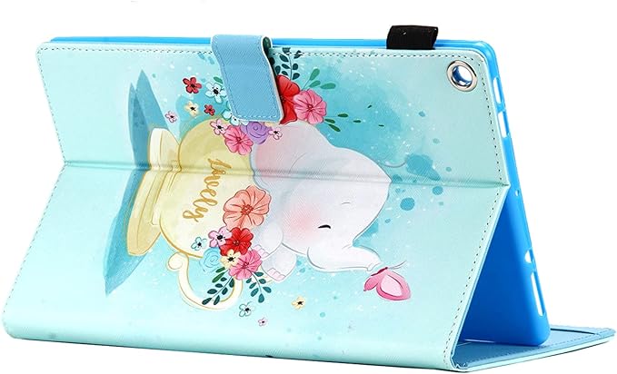 Case for 10.1 Amazon Kindle Fire HD 10 Tablet 9th/7th Generation 2019 and 2017 with Stylus Holder Card Slots [Auto Sleep/Wake] Smart Stand PU Leather Magnetic Folio Cover Flower Elephant