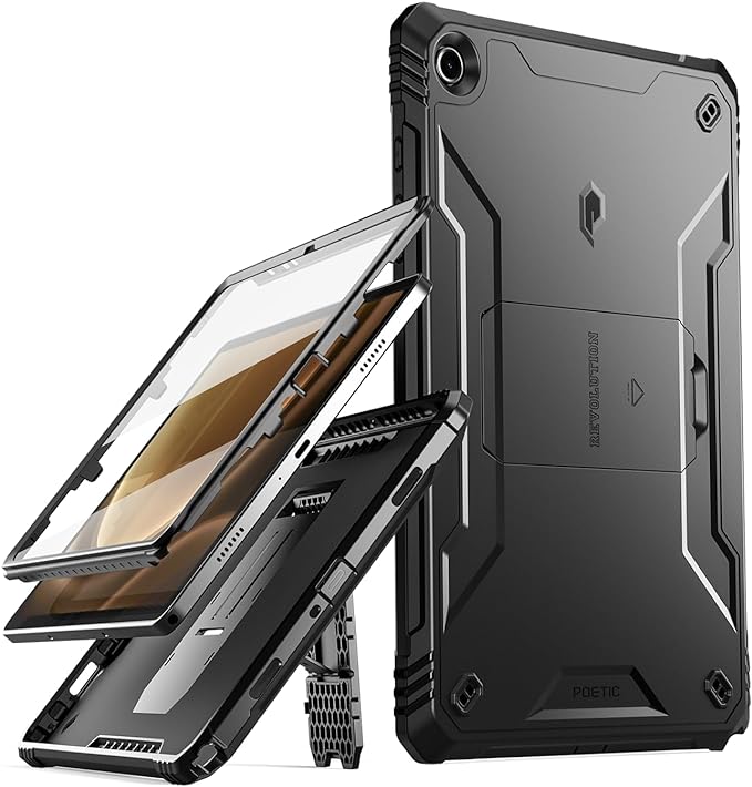 Poetic Revolution Case for Samsung Galaxy Tab A9 Plus + 11 inch (2023) Built in-Screen Protector with S Pen Holder Full-Body Kickstand Rugged Heavy Duty Case Black