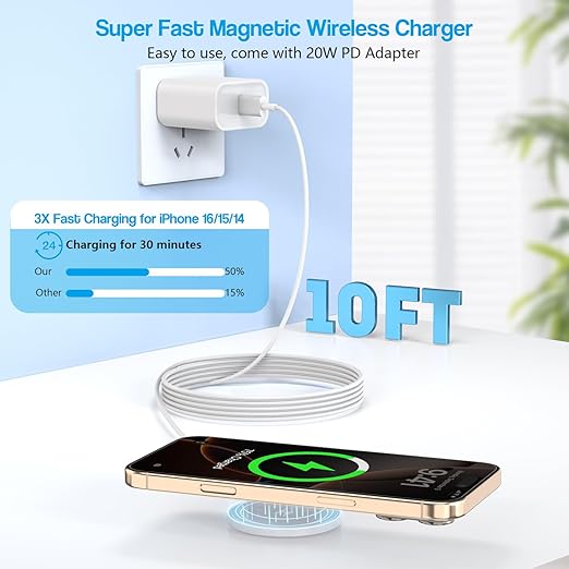 10FT Magnetic Wireless Charger15W Fast Apple Mag-Safe Charger for iPhone 17/16/15 PD with USBC Apple Fast Charging Block 10Foot Quick Charge for iPhone 17/17 Air/17 16 15 Pro/Pro Max/14/13/12/AirPods