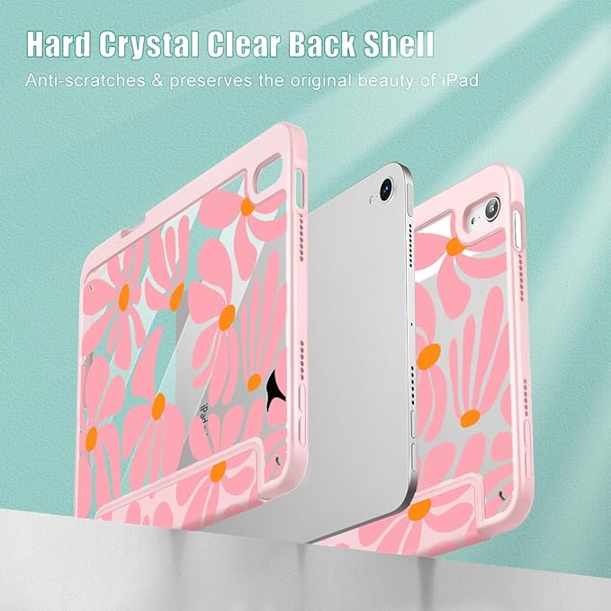 May Chen Slim Case for iPad mini 7 (A17 Pro 7th Generation) 2024 / iPad mini 6 (6th Gen) 8.3 Inch [Built-in Pencil Holder] Shockproof Cover Clear Clear Back Shell Auto Wake/Sleep Groovy Flower