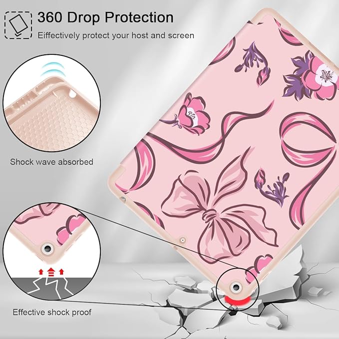 Mektron Designed Printed iPad 10.2 Case 9th Gen (2021)/ 8th Gen (2020)/ 7th Gen (2019) with Pencil Holder Slim Protective Case with Soft TPU Back for iPad 10.2 inch Flowers-Bows-Pink