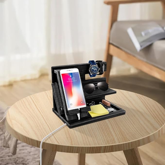 Gifts for Men Christmas Wood Phone Docking Station Mens Gifts for Birthday or Gifts for Dad Fathers Day Desk Workspace Organizer Nightstand Organizer Key for Wallet &amp Watch Holder Husband Chris