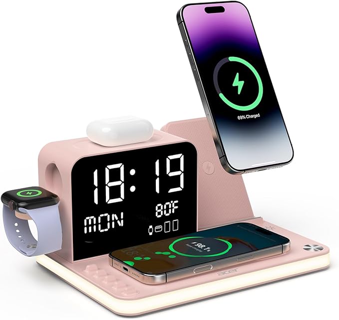 Acer 7-in-1 Wireless Charging Station with LED Clock - 30W Fast Wireless Charger for iPhone 16/15/14/13/12/Pro Max Apple Watch AirPods - Bluetooth Auto Time Sync &amp Night Lights (Pink)