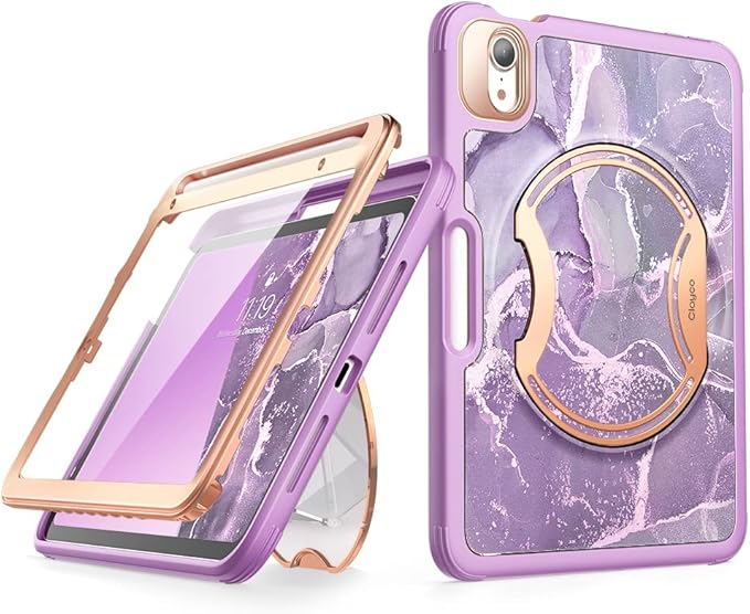Clayco Nebula Case for iPad mini 6 (2021) with [Built-in Screen Protector] [Kickstand] [Pencil Holder] Full Body Slim Protective Case Support Pencil Charging for iPad mini 8.3 6th Generation-Purple