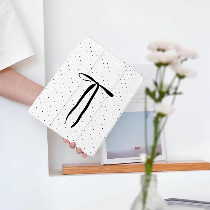 Cute Polka Dot Ribbon Bow for iPad Air 3 Case with Pencil Holder Auto Sleep/Wake White Leather Soft TPU Back Cover for iPad Pro 10.5 Inch 2017