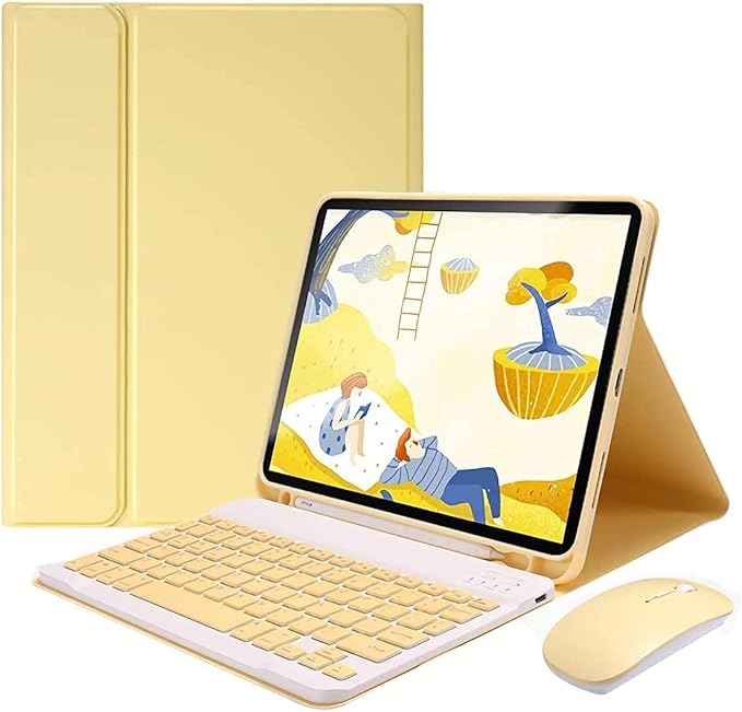 AnMengXinLing Keyboard Case for iPad mini 5 with Mouse Detachable Wireless Bluetooth Keyboard Pencil Holder Slim Leather Smart Cover for iPad mini 5th Gen 2019 Yellow