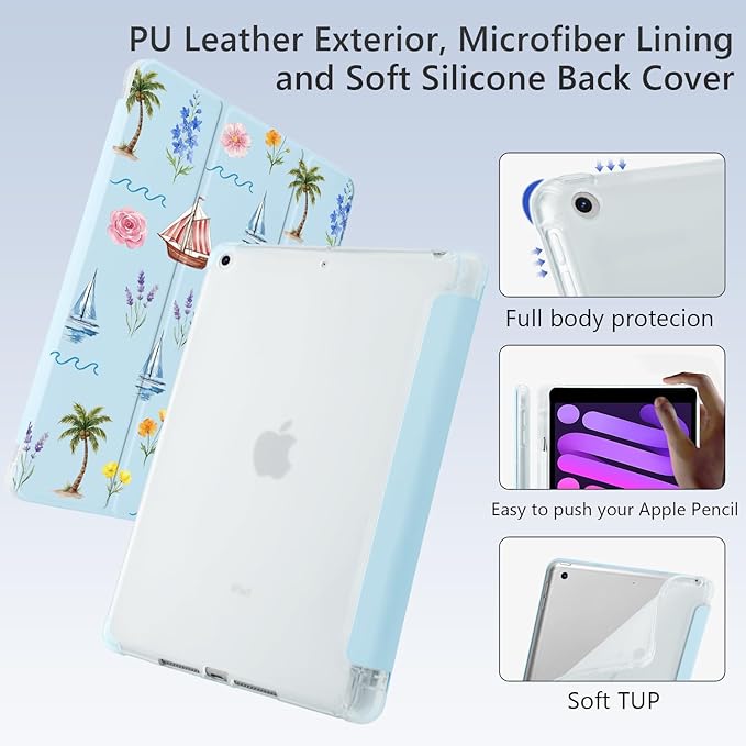 Cute Palm Tree Flower for iPad Air 13 Inch Case M3 2025/M2 2024 with Pencil Holder Auto Sleep/Wake Blue Leather Soft TPU Back Cover