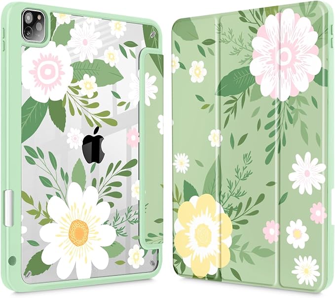 Tuiklol Case for iPad Pro 12.9 Inch M2 Case 2022 2021 2020 2018 Generation 6th/5th/4th/3rdBuilt-in Pencil 2nd Holder Clear Transparent Protective Back Shell Cover Flowers Green