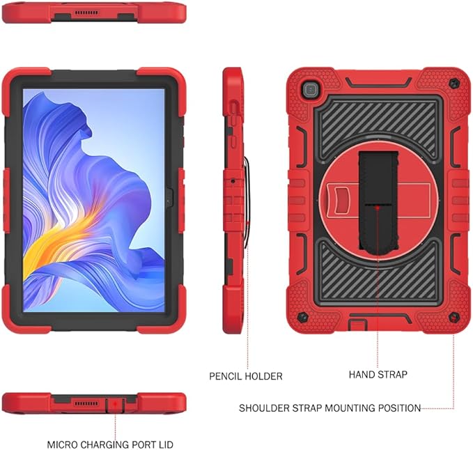 Tablet Case for Honor Pad X8 AGM3-W09HN 10.1 inch Tablet Shockproof Cover with 360° Rotating Stand and Wrist Strap Shoulder Strap Large Red+Black