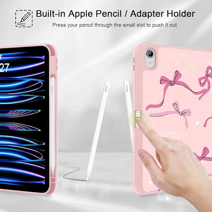 Tuiklol Case for iPad 10.2 Inch 2021 2020 2018 Release 9th / 8th / 7th Generation Built-in Pencil Holder TPU Protective Stand Back Cover Trifold Stand-Auto Wake/Sleep Bow-Pink