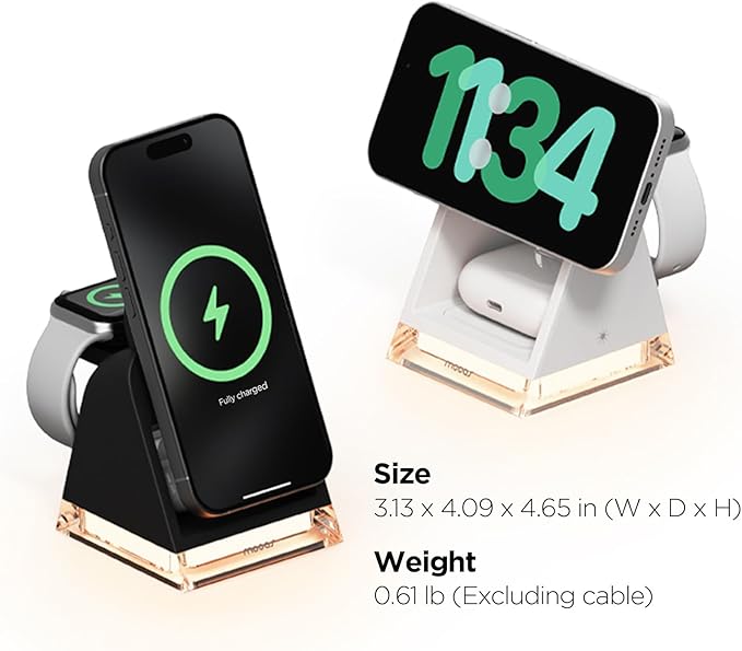 mooas Crystal Lamp 3 in 1 Mag-safe Wireless Charging Stand (White) 2 Color Nightlight 3 in 1 wireless charger Compatible with iPhone 12/13/14/15 Galaxy S21 S22 S23 S24 Apple watch Galaxy watch