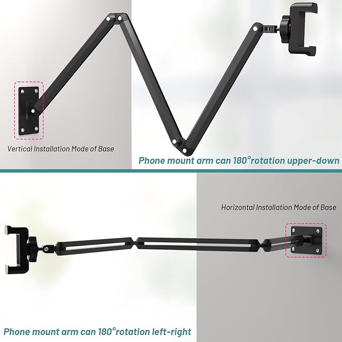 Wall Mount Phone HolderPhone Holder for Desk Bed3-Stage Aluminium iPhone StandFoldable Extendable Arms Heavy Duty Drilling BaseCompatible with 3.5~7.5 iPhone/HTC/LG/Huawei/Galaxy/Smartphones