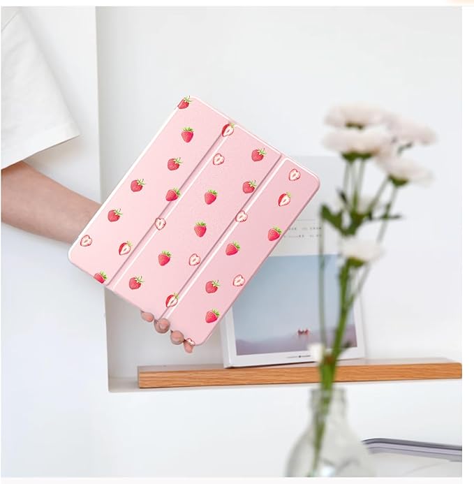 Cute Kawaii Strawberry for iPad 7th/8th/9th Generation Case 10.2 Inch 2019/2020/2021 with Pencil Holder Auto Sleep/Wake Pink Leather Acrylic Back Cover