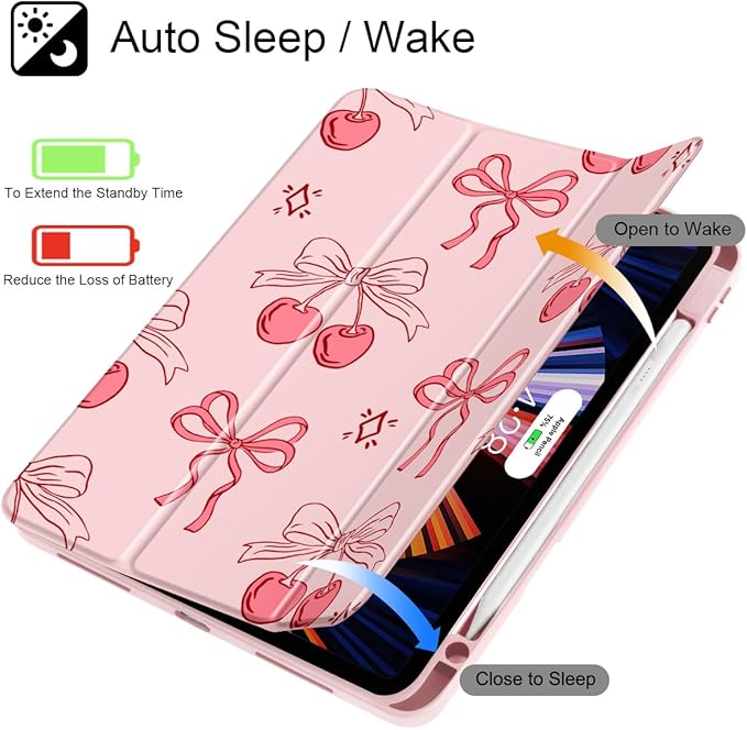May Chen Case for iPad Pro 11-Inch M5/M4 2025/2024 (6th/5th Generation) [Penceil Holder] Trifold Stand Auto Wake/Sleep Clear TPU Protection Back Cover Coquette Cherry Bow