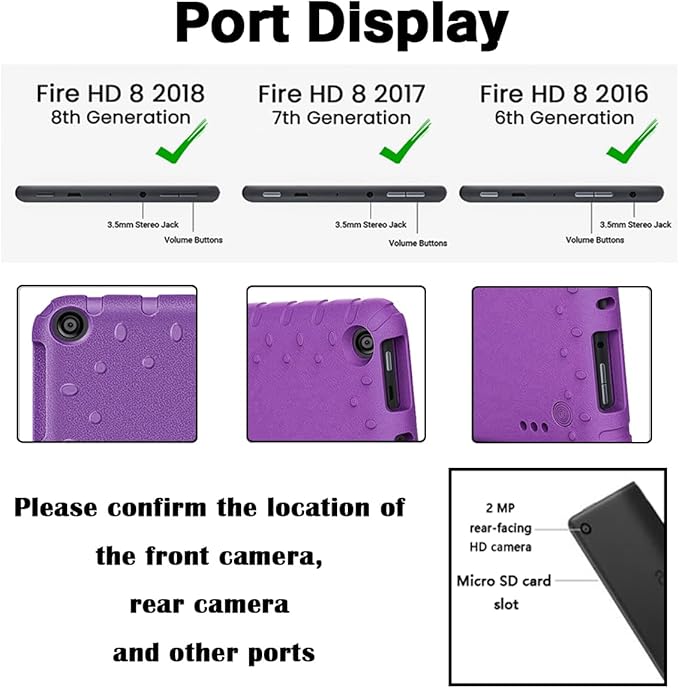 Kids Case for Kindle Fire HD 8 Tablet 8th/7th/6th Generation (2018/2017/2016 Release) Soft Flexible Lightweight Shockproof Durable with Handle Stand Purple