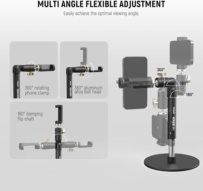 NEEWER Cell Phone Stand for Desk Adjustable Office Table Phone Holder Mount Compatible with iPhone Samsung for Video Recording Filming 360° Ball Head Foldable Arm Weighted Metal Base MT010