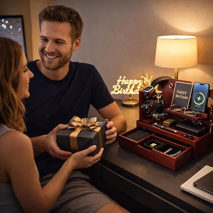 Nightstand Organizer for Men with Large Drawer Wood Phone Docking Station for Phone Apple Watch Wallet &amp Keys Ideal Birthday Gift for Father Husband Bedside Desk Organizer (Mahogany)