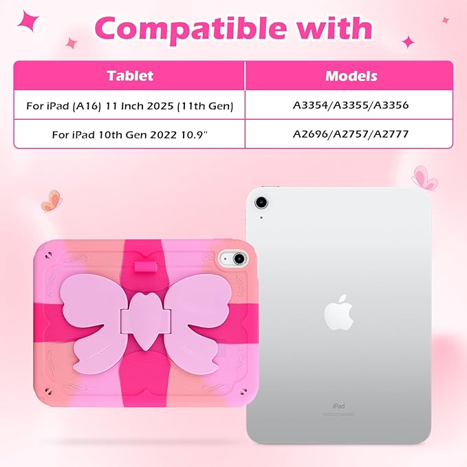 VOFUOE for iPad A16 Case 11th Generation 2025 11 Inch for iPad 10th Generation Case 2022 10.9 Inch for Kids Girls with Sweet Bow Stand Shoulder Strap Pencil Holder Hard Protective Cover-Hot Pink