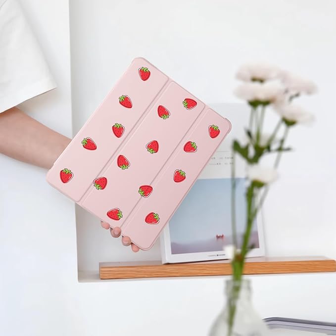 Cute Kawaii Strawberry for iPad Pro 13 Inch Case (M5/M4) 2025/2024 with Pencil Holder Auto Sleep/Wake Pink Leather Soft TPU Back Cover