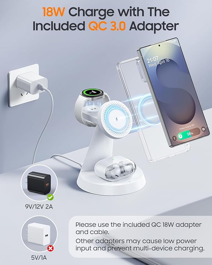 Magnetic Wireless Charger for Samsung 3 in 1 Charging Station Compatible with MagSafe Charger for Samsung Galaxy S26 Ultra Z Fold7/Flip7 Watch Charger Stand for Galaxy Watch Ultra 8 for buds White