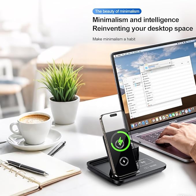 IHAO 3in1 Auto-Rising Wireless Charging Station 15W Fast Charge Ultra-Slim Foldable Design Wireless Charger for Phone Watch Earbud QC3.0 &amp PD Compatible