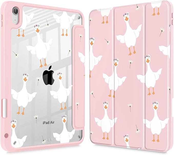 May Chen for iPad Air 11-inch M4/M3/M2 (2026/2025/2024) iPad Air 5th/4th 10.9 Inch - Shockproof Cover with Clear Back Shell &amp Penceil Holder Auto Wake/Sleep Stand Cover Goose Flower