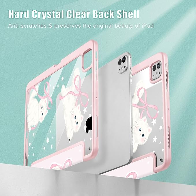 May Chen Case for iPad Pro 11-Inch M5/M4 2025/2024 (6th/5th Generation) Clear Transparent Print Back Shell Slim Stand Shockproof Tablet Cover Auto Wake/Sleep Bowknot Kitten