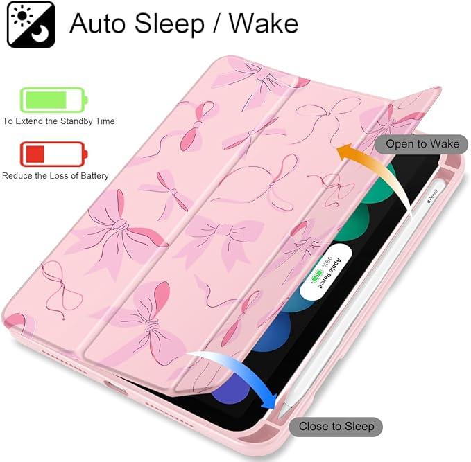 May Chen Slim Case for iPad mini 7 (A17 Pro 7th Generation) 2024 / iPad mini 6 (6th Gen) 8.3 Inch [Built-in Pencil Holder] Shockproof Cover Clear Clear Back Shell Auto Wake/Sleep Pink Bow