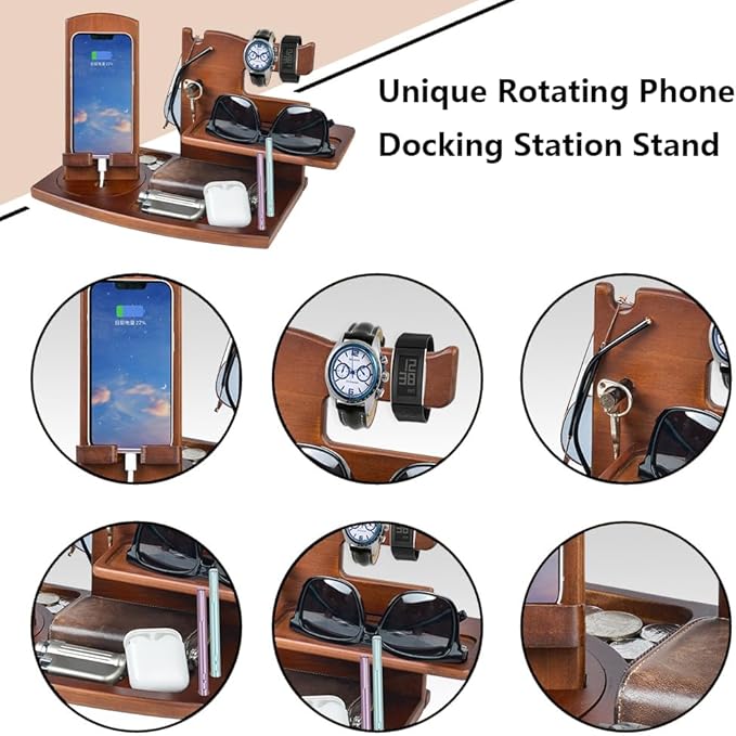 Gifts for Men Fathers Day Wood Phone Docking Station for Dad Desk or Nightstand Organizer Mens Gifts for Husband Birthday Gifts for MenGifts for Fathers Day Key Holder Wallet Watch &amp Essent