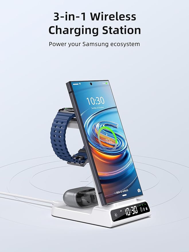 Wireless Charger Samsung Charging Station: 3 in 1 Android Charging Stand with Dimmable Clock - Nightstand Organizer for Galaxy S25 Ultra S24 Galaxy Watch 8 7 6 5 4 Galaxy Buds Space-Saving Charger