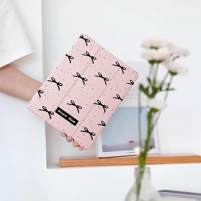 Cute Kawaii Black Bow for iPad Air5/Air4 Case with Pencil Holder Auto Sleep/Wake Pink Leather Soft TPU Back Cover for iPad 10.9 Inch 2022/2020