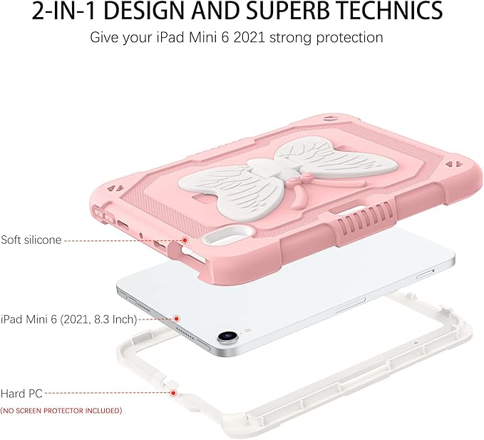 DUEDUE Case for iPad mini 7 (A17 Pro) 2024iPad mini 6 Case 2021 Butterfly Wings Kickstand with Pencil Holder Shockproof Protective Tablet Case for iPad mini 7th/6th Gen Kids Beige/Pink