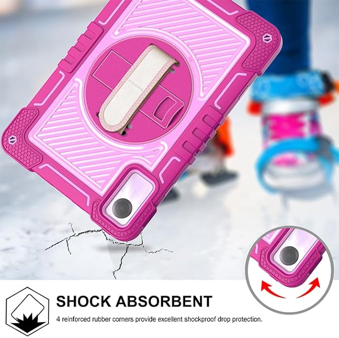 Tablet Case for Xiaomi Redmi Pad SE 11.0 inches Tablet Shockproof Cover with 360° Rotating Stand and Wrist Strap Shoulder Strap Red Rose+Pink