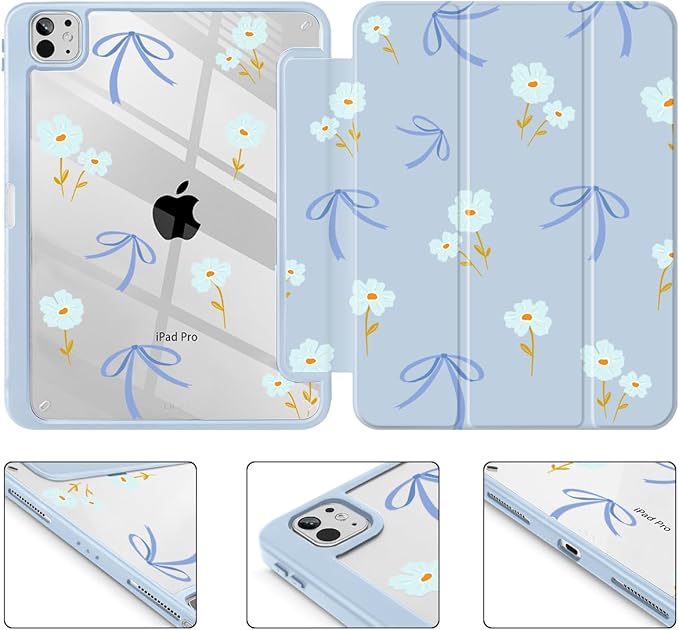 Mektron Case for M5/ M4 iPad Pro 11 inch 2025/2024 with Pencil Holder Compatible Models: A3357/A3358/A3359/A2836/A2837/A3006 Shockproof Cover Clear Shell Blue Bows &amp Flowers
