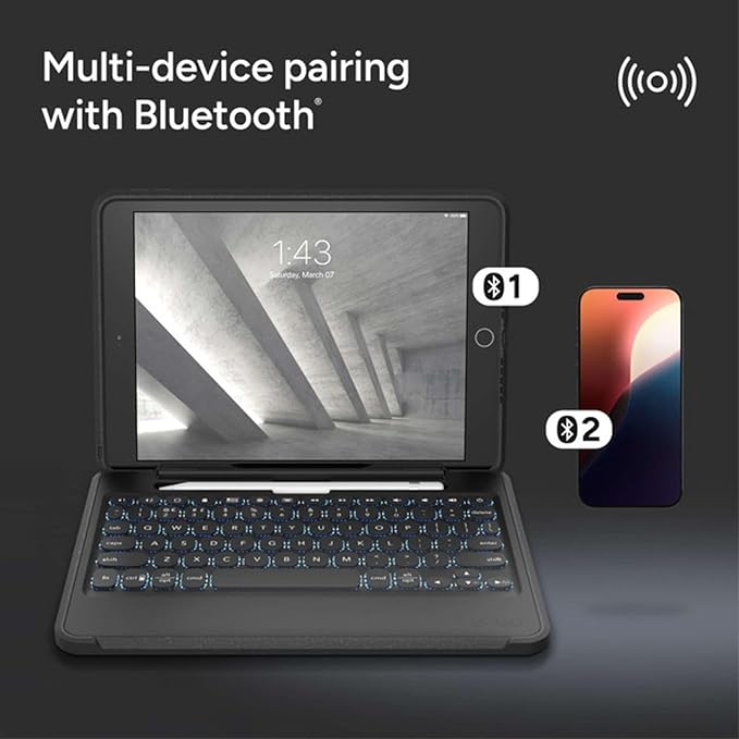 ZAGG Rugged Book iPad Case with Detachable Magnetic-Hinged Keyboard for iPad Air 3 iPad Pro 10.5 &amp 10.2 (9th Gen) Multi-Device Bluetooth Apple Pencil Holder Long-Lasting Battery Wireless B