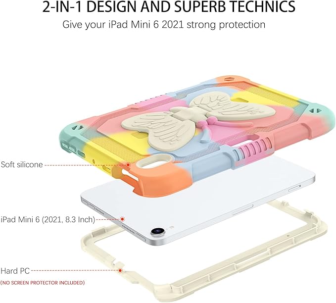 DUEDUE Case for iPad mini 7 (A17 Pro) 2024iPad mini 6 Case 2021 Butterfly Wings Kickstand with Pencil Holder Shockproof Protective Tablet Case for iPad mini 7th/6th Gen Kids Rainbow Pink
