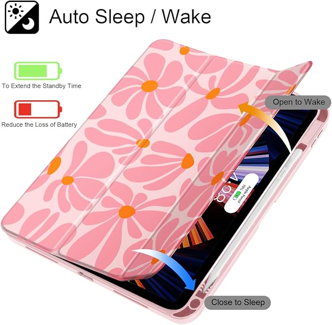 May Chen for iPad (A16) 11th Generation Case 11 Inch 2025 iPad 10th Gen Case 2022 10.9 inch Built-in Pencil Holder with Shockproof Cover Clear Transparent Back Shell Auto Wake/Sleep Groovy Flower