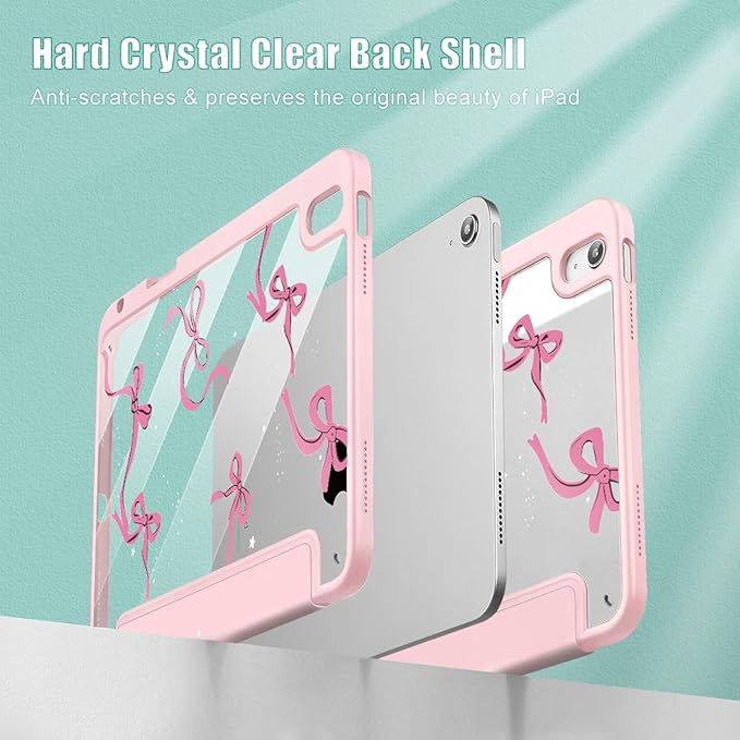 May Chen for iPad Air 11-inch M4/M3/M2 (2026/2025/2024) iPad Air 5th/4th 10.9 Inch - Shockproof Cover with Clear Back Shell &amp Penceil Holder Auto Wake/Sleep Stand Cover Pink Bows