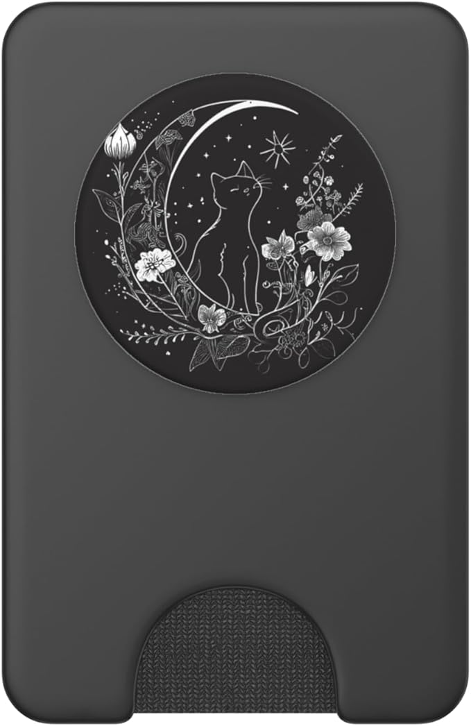Cat Sitting On Crescent Moon Flowers Stars Drawing PopSockets PopWallet for MagSafe